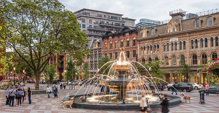 Berczy Park fountain in downtown Toronto, surrounded by heritage buildings and greenery.