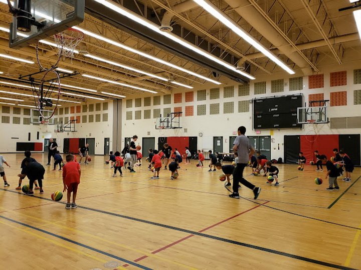 Students playing sports in a school gym in Berczy Village, Markham – a neighborhood known for its top-rated schools.