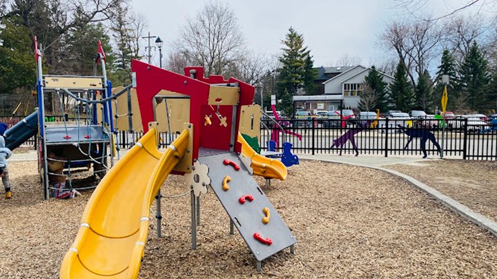 Children’s playground in a community park near Mill Pond, Richmond Hill — a family-friendly area with outdoor play spaces.
