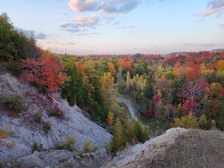 Autumn view of Rouge National Urban Park with colorful trees, walking trails, and natural rocky landscape.